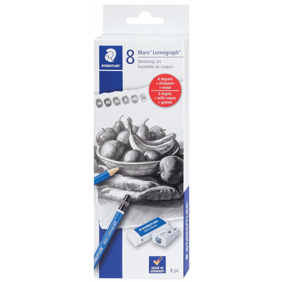 Staedtler Mars Drawing Pencils Set (8pc: 6B, 4B, 2B, B, HB, 2H, Eraser, Sharpener) image