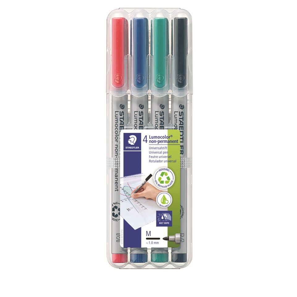 Staedtler Lumocolor Medium Point Non-Permanent Markers (assorted colours) - 4 pack image